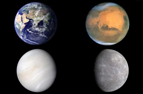 Collage med fyra av solsystemets planeter